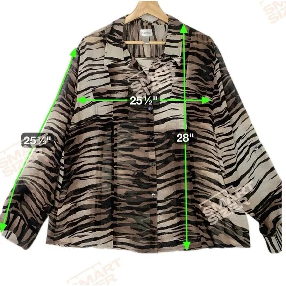Chicos Tiger Button-Up Silk Blouse Womens 2X Casual Chic Mature Layering‎ Sheer - Picture 4 of 8